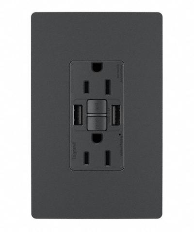LEGRAND Receptacle: Duplex, 5-15R, 2 USB Ports, USB Type A, Graphite, 125V AC, 15 A - Weather-Resistant Receptacles with USB Chargers