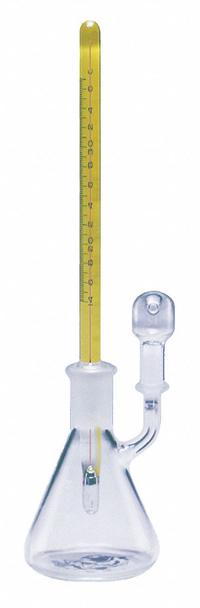 KIMBLE Specific Gravity Bottle: 50 mL, Ground-Glass Stopper, 186 mm, Colorless, Closure Included (MPN 15123R-50). Key specifications — Closure Type: Ground-Glass Stopper; Mouth Size: Narrow; Brand: KIMBLE; Body Color: Colorless.