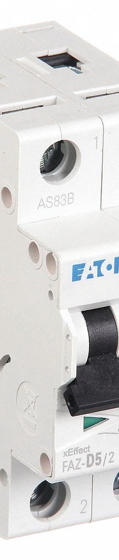 EATON IEC Supplementary Protector: 5 A Amps, 96V DC, 15kA at 240/415V AC, Lug, FAZ, 277/480V AC, D (MPN FAZ-D5/2). Key specifications — attr195785: Lug; attr195787: 277/480V AC; attr195786: D; attr195783: 96V DC; attr195784: 15kA at 240/415V AC; attr215906: FAZ; attr211128: EATON.