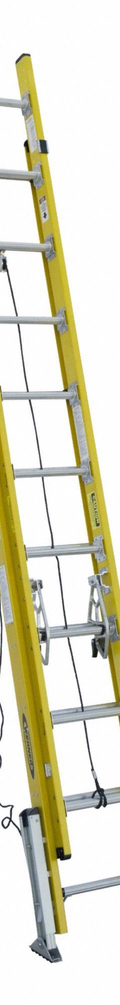 WERNER Extension Ladder: 20 ft Ladder Size, Fiberglass, 375 lb Load Capacity, 58 lb Wt, 2 Sections (MPN D7120-2LV). Key specifications — Color: Yellow; Brand: WERNER; Included Features: Mar-Resistant End Caps; Removable Fly: Removable.
