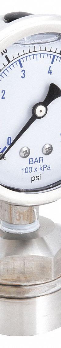 KODIAK Pressure Gauge with Diaphragm Seal: 0 psi to 100 psi, KC301/DSM35, 2 1/2 in Dial, Mineral Oil (MPN KC301L25100/DSM3512). Key specifications — Brand: KODIAK; Gauge Case Liquid: Glycerin; Seal Fill Liquid: Mineral Oil; Gauge Case Material: 304 Stainless Steel; Seal Lower Housing Material: 316 Stainless Steel; Accuracy: ±1.60%; Gauge Wetted Parts: Stainless Steel.