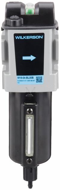 WILKERSON Compressed Air Filter: Coalescing, 1/2 in NPT, 0.5 micron, 85 cfm, 150 psi Max Op Pressure (MPN M18-04-BL00B). Key specifications — attr110055: M18; attr110008: WILKERSON.