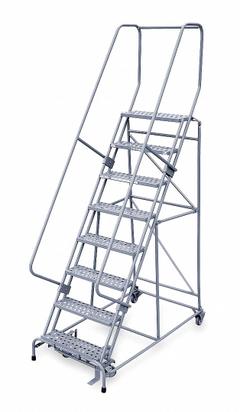 COTTERMAN Rolling Ladder: 6.7 ft Platform Ht, Unassembled, Steel, Manual Lock, Perforated (MPN 1508R2632A6E20B4C1P6). Key specifications — Includes Handrails: Handrails Included; Material: Steel; Brand: COTTERMAN; Color: Gray.