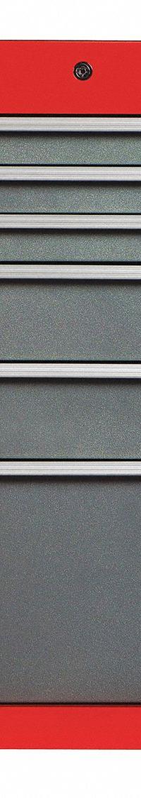 PROTO Side Cabinet: Gray, 6 Drawers, Keyed, 19 in W x 25 1/4 in D x 34 in H, Red / Gloss, 550S (MPN J551934-6SG-SC). Key specifications — Brand: PROTO; Drawer Color: Gray; Drawer Slide Type: Ball Bearing; Series: 550S; Locking System: Keyed.