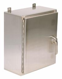 WIEGMANN Enclosure: 304 Stainless Steel, 24 in x 24 in x 8 in, NEMA 12/3R/4/4X, Solid Cover, Hinged (MPN SSN42424083PT). Key specifications — Brand: WIEGMANN; Closure Method: Padlock Hasp; Enclosure Material: 304 Stainless Steel; Knockouts: Not Included.