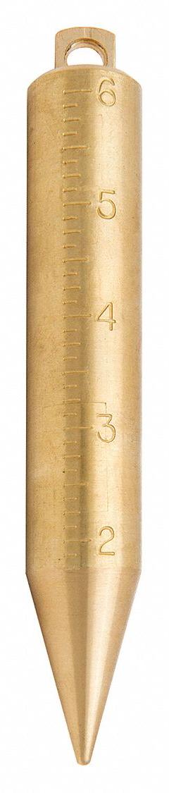 US TAPE English Plumb Bob: Round, Brass, Brass, 6 in Overall Ht, 20 oz Wt, mm, Bottom to Top, Innage (MPN 58899). Key specifications — attr944092: Brass; attr944093: Brass; attr944094: mm; attr944096: Round; attr940496: Cylindrical Body; attr940498: US TAPE; attr940490: Metric/SAE; attr940487: Innage.