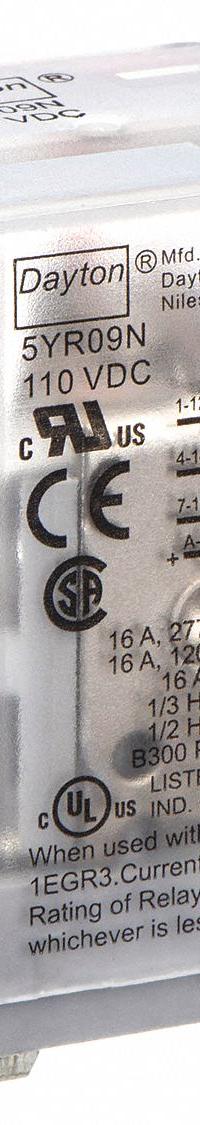DAYTON General Purpose Relay: Socket Mounted, 10 A Current Rating, 110V DC, DPDT, 8 Pins/Terminals (MPN 5YR09). Key specifications — Brand: DAYTON; Base Type: Square; Mounting Style: Plug-In; Manufacturer Part Number: 5YR09; Series: C Series.