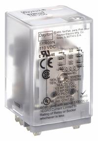 DAYTON General Purpose Relay: Socket Mounted, 10 A Current Rating, 110V DC, DPDT, 8 Pins/Terminals (MPN 5YR09). Key specifications — Brand: DAYTON; Base Type: Square; Mounting Style: Plug-In; Manufacturer Part Number: 5YR09; Series: C Series.