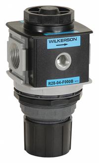 WILKERSON Compressed Air Regulator: Aluminum, 1/2 in NPT, 250 cfm, 300 psi Max Op Pressure, Knob (MPN R28-04-F000B). Key specifications — attr111664: No; attr111400: R28; attr111627: WILKERSON.