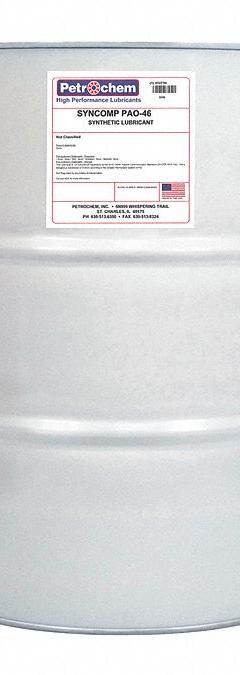 PETROCHEM Compressor Oil: 55 gal, Drum, 15 SAE Grade, 46 ISO Viscosity Grade, 134 Viscosity Index (MPN SYNCOMP PAO-46-055). Key specifications — attr59744: 134; attr59746: 46; attr59736: No; attr59735: Drum; attr59738: Syncomp PAO-46; attr59749: 15.