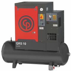 CHICAGO PNEUMATIC Rotary Screw Air Compressor w/Air Dryer: Horizontal, 10 hp, 31.2 cfm, 132 gal Tank (MPN QRS 10 HPD). Key specifications — attr48606: Three; attr48593: 208 to 230V AC; attr48578: CHICAGO PNEUMATIC; attr110305: Included.