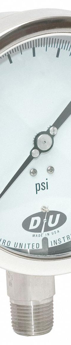 DURO Industrial Compound Gauge: 0 psi to 30 psi, White, 4 1/2 in Dial, 1/2 in NPT Male, Bottom, 4 (MPN 4207-2233-CERT). Key specifications — Brand: DURO; Pointer Color: Black; Accuracy: ±0.5%; Dial Color: White; Gauge Wetted Parts: Stainless Steel; Case Material: Stainless Steel; Vibration Resistance Properties: None; Pressure Range: 0 psi to 30 psi.
