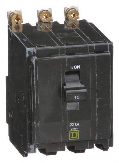 SQUARE D Miniature Circuit Breaker: 15 A, 120/240V AC, Three Phase, 22kA at 120/240V AC - QOB Series, Bolt-On Square D Miniature Circuit Breakers