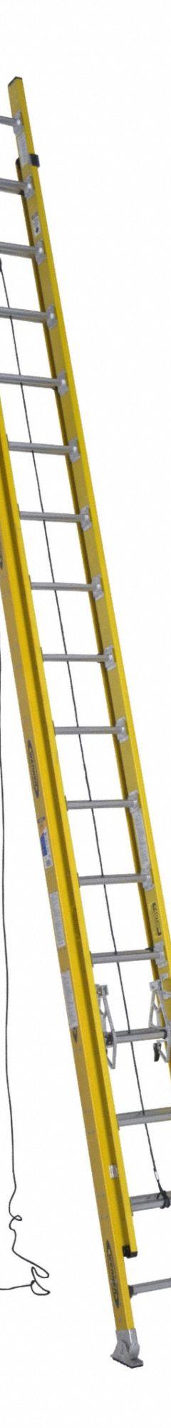 WERNER Extension Ladder: 36 ft Ladder Size, Fiberglass, 300 lb Load Capacity, 113 lb Wt, 2 Sections (MPN D7136-2). Key specifications — Color: Yellow; Brand: WERNER; Included Features: Rope and Pulley; Removable Fly: Removable.