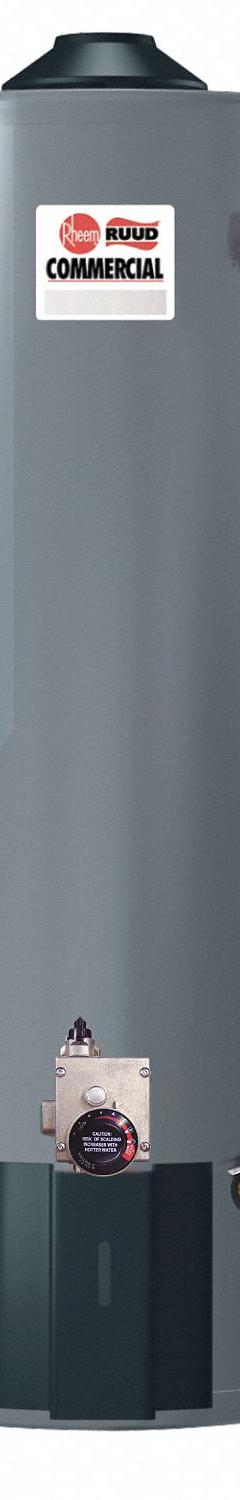RHEEM-RUUD Commercial Gas Water Heater: Natural Gas, 100 gal, 80,000 BTU, 69.63 in Ht (MPN G100-80). Key specifications — Automatic Thermostat: Yes; Display Sell UOM: EA; Market: Commercial; Standards: US CSA (Star); Sub-brand: Rheem Ruud; Brand: RHEEM-RUUD; Low NOx: No; Water Connection Location: Rear.