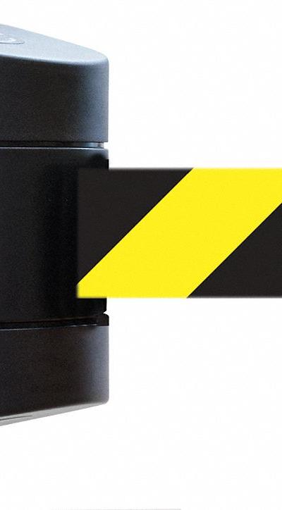 TENSABARRIER Retractable Belt Barrier: 30 ft Belt Lg, Pattern, Black/Yellow - Wall-Mount Retractable Belt Barriers
