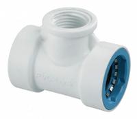 HYDRORAIN Tee: 1/2" Push x 1/2" Push x 1/2" FPT, ABS Plastic, 150 psi Max Working Pressure, 3 in Wd (MPN 06544). Key specifications — Connection: 1/2" Push x 1/2" Push x 1/2" FPT; Material: ABS Plastic; Product Type: Tee.