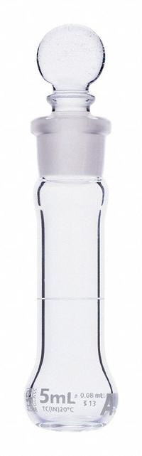 GLOBE SCIENTIFIC Volumetric Flask: 5 mL, Colorless, A, 0.08 mL, Includes Closure, 70 mm Overall Ht (MPN 8230005). Key specifications — Tolerance: 0.08 mL; Body Color: Colorless; Brand: GLOBE SCIENTIFIC; Compatible with Stopper Size: 13; USP Specification: Type I.
