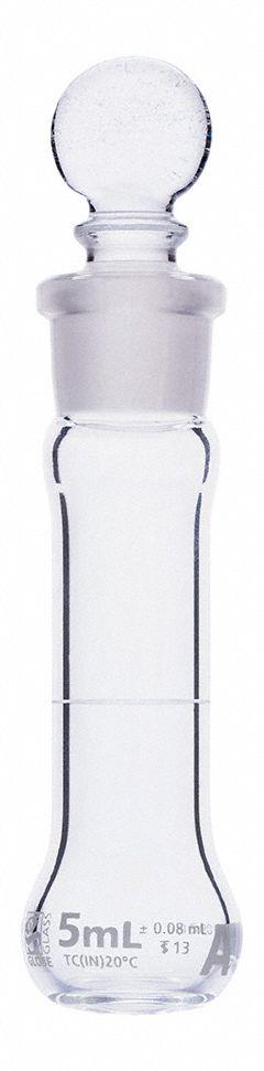 GLOBE SCIENTIFIC Volumetric Flask: 5 mL, Colorless, A, 0.08 mL, Includes Closure, 70 mm Overall Ht (MPN 8230005). Key specifications — Tolerance: 0.08 mL; Body Color: Colorless; Brand: GLOBE SCIENTIFIC; Compatible with Stopper Size: 13; USP Specification: Type I.
