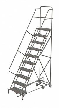 TRI-ARC Rolling Ladder: 8.3 ft Platform Ht, Unassembled, Steel, Foot-Activated Step Lock, Serrated (MPN KDAD110242). Key specifications — Folding: Not Foldable; Color: Gray; Brand: TRI-ARC; Handrail Configuration: Double Handrails.