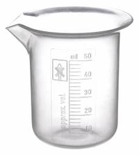 APPROVED VENDOR Beaker: Low Form, Molded Graduation, Polypropylene, Clear, 50 mL, 41 mm Outside Dia (MPN 222075-0050). Key specifications — Clarity: Clear; Graduation Style: Molded; Body Color: Colorless; Brand: APPROVED VENDOR; Product Type: Beaker; Includes Graduations: Yes; Beaker Type: Low Form.