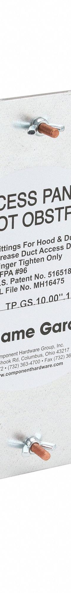 Duct Access Door: 7 in x 15 in, 16 ga, Steel, Thumbscrews, 2,300°F Max Temp Rating, 6 Mounting Stud (MPN 6EJA0). Key specifications — Brand: FLAME GARD; Material: Steel; For Duct Shape: Rectangular.