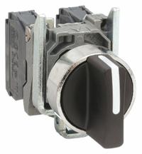 SCHNEIDER Selector Switch: 22 mm Panel Mounting Size, 3 Positions, Short Lever, 2NO, Metallic (MPN XB4BD53). Key specifications — AC Contact Rating: 1.2 A @ 600 V; Action: Momentary/Maintained/Momentary; Cam: No Cam Included; DC Contact Rating: 0.27 A @ 250 V; Hazardous Location Specification: Not Rated; Operator Head Material: Plastic; Operator Head Type: Short-Handled Knob; Operator Illumination: Non-Illuminated.
