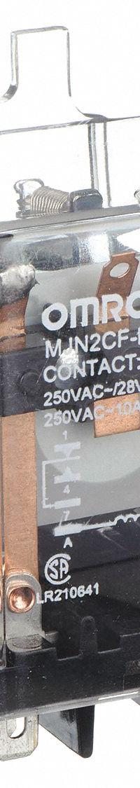 OMRON Flange Mount Relay: Surface (Side Flange) Mounted, 10 A Current Rating, 24V DC, DPDT (MPN MJN2CF-DC24). Key specifications — Brand: OMRON; Base Type: Octal; Mounting Style: Side Flange; Electrical Connection: Quick-Connect Terminal; Manufacturer Part Number: MJN2CF-DC24; Operating Current: 10 A at 240V AC (Inductive Load); Series: MJN Series.