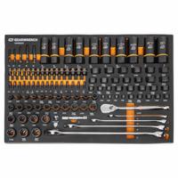 GEARWRENCH: 1/4 in, 3/8 in, 1/2 in Drive Size, Up to 1" Socket Size Range, 97 Pieces, Tray (MPN GWMSBBS02). Key specifications — attr1224264: 1/4 in, 3/8 in, 1/2 in; attr1224265: Up to 1"; attr1204208: Tray; attr1204215: GEARWRENCH; attr1204209: Up to 1".
