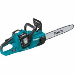 MAKITA Battery-Powered Chainsaw Kit: 16 in Bar Lg, Rear Handle, Adj/Auto Chain Oiler, 18 V, 32 cc (MPN XCU04PT). Key specifications — Brand: MAKITA.