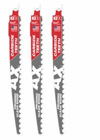 MILWAUKEE Reciprocating Saw Blade: 3 Teeth per Inch, 9 in Blade Lg, 0.05 in Blade Thick, Wood, 3 PK (MPN 48-00-5332). Key specifications — attr1109198: 3; attr1109200: Rigid for Straight Cuts; attr1109201: Curved; attr1109209: MILWAUKEE.
