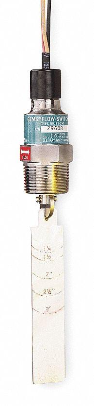 GEMS SENSORS Liquid Flow Switch: Paddle, 1 1/2 in For Pipe Size, 316 Stainless Steel, 1 in NPT, NPT (MPN FS-550, 29608). Key specifications — Brand: GEMS SENSORS; Contact Rating (DC): 20 V; For Pipe Size: 1-1/2 in; Hazardous Location Rating: Class I, Div 2, Group A, B, C, D.
