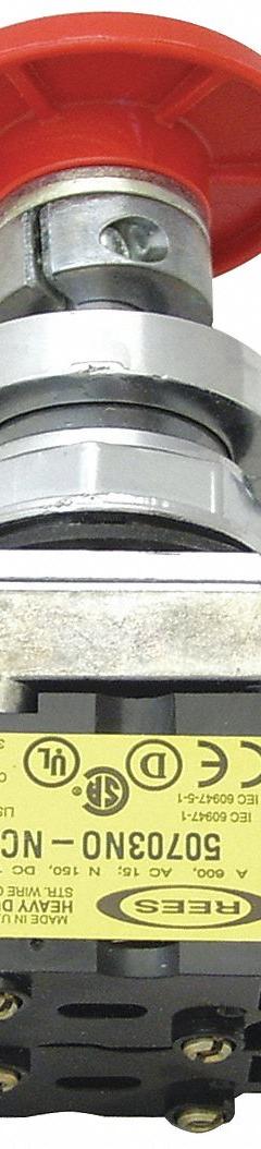 REES Emergency Stop Push Button: Non-Illuminated, Mushroom Head Profile, Non-Metallic, 30 mm (MPN 40102-122). Key specifications — Brand: REES; Action: Maintained; Push Button Material Type: Non-Metallic.