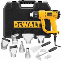 DEWALT Heat Gun Kit: Pistol-Grip, Surface Temp Control, 120V AC, Two-Prong, LCD Display (MPN D26960K). Key specifications — attr1324916: (1) Bare Tool, (2) Nozzles, (10) Other Common Accessories; attr1257106: Two-Prong; attr1257126: Yes; attr1257132: DEWALT; attr1257155: 115V AC.