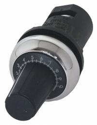 EATON Potentiometer: 22 mm Panel Mounting Size, 100,000 ohm Max Resist Rating, Series M22 (MPN M22-R100K-RH). Key specifications — Manufacturer Part Number: M22-R100K-RH; Series: M22; Brand: EATON; Includes Dial Plate: Dial Plate Included; Knob Style: Oversized; Bezel Style: Non-Metallic (Silver).