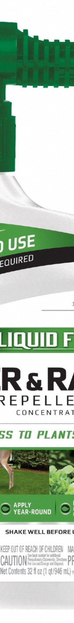 LIQUID FENCE Deer and Rabbit Repellent: Targets Deer/Rabbits, 1,000 sq ft Coverage Area, Liquid Form (MPN HG-75044). Key specifications — Brand: LIQUID FENCE; Targeted Animals: Rabbits; Form: Liquid.