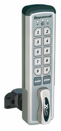 COMPX REGULATOR Electronic Keyless Lock: Brushed Nickel, Deadlatch, 1 1/2 in Body Ht, 12 Buttons (MPN REG-S-V-3). Key specifications — Finish: Brushed Nickel; Latch Type: Deadlatch; Brand: COMPX REGULATOR; Manufacturer Part Number: REG-S-V-3.