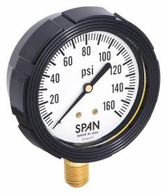 SPAN Pressure Gauge with Internal Seal: 0 psi to 160 psi, LFS-210, 2 1/2 in Dial, Buna-N, Brass, 4 (MPN LFS-210-160-G-KEMX). Key specifications — Brand: SPAN; Gauge Case Liquid: Glycerin; Seal Fill Liquid: Instrument Oil; Seal Lower Housing Material: Brass; Accuracy: ±1.00%; Gauge Wetted Parts: Brass / Copper.