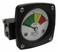 MIDWEST INSTRUMENT 3-Color Differential Pressure Indicator: 1,000 psig Max. Static Pressure, 522 (MPN 522A-050V). Key specifications — Brand: MIDWEST INSTRUMENT; Accuracy: ±5% of Full Scale; Sensor Material: Viton; Housing Material: Aluminum; Transition Points: 0 psid to 20 psid (Green) / 20 psid to 30 psid (Yellow) / 30 psid to 50 psid (Red).