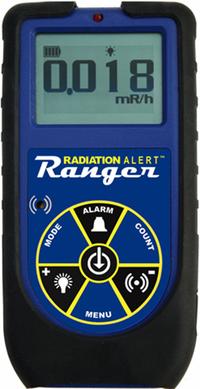 RADIATION ALERT Radiation Meter: CPM/CPS/mR/hr/uSv/hr, NIST, 2 MeV Alpha Energy Sensitivity (MPN RANGER). Key specifications — Measuring Units: CPS; Includes: Stand; Operating Ranges: 0.001 (1µR) to 100 mR/hr; Brand: RADIATION ALERT; Calibration Certificate Type: NIST.
