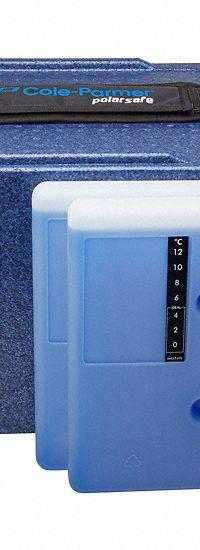 Cryogenic Storage Box: 12 5/8 in Overall Lg, 9 in Overall Wd, 11 1/4 in Overall Ht, 20 L Capacity (MPN 0372644). Key specifications — Material: Polypropylene; Includes: (2) 2 L 4°C Blocks; Product Type: Transport Box; Brand: COLE-PARMER.