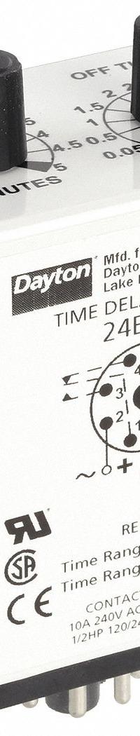 DAYTON Single Function Time Delay Relay: Socket Mounted, 24V AC/DC, 10 A, 8 Pins/Terminals (MPN 24EP34). Key specifications — Brand: DAYTON.