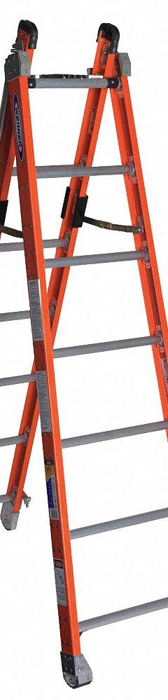 WERNER Combination Ladder: 2 Configurations, Fiberglass, 375 lb Load Capacity, 37 lb Wt, 12 ft (MPN 7807). Key specifications — Brand: WERNER; Included Features: V-Rung.
