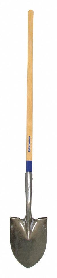 WESTWARD Round Point Shovel: Steel Blade, 14 ga, Straight Handle Type, Wood Handle, 48 in Handle Lg (MPN 1WG31). Key specifications — Blade Color: Black; Handle Color: Natural; Blade Material: Steel.