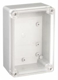 BOX ENCLOSURES Enclosure: Gray, Polycarbonate, 6 in x 3 in x 2 in, NEMA 4, Clear Cover (MPN BEN-50PC). Key specifications — Color: Gray; Cover Style: Clear; NEMA Enclosure Rating: 4; Brand: BOX ENCLOSURES.