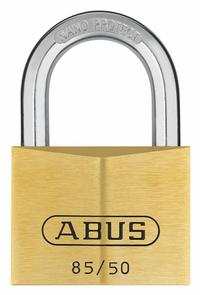 ABUS Padlock: Brass, Unfinished, Gold, Std Shackle, Steel, 1 1/8 in Vert Clearance, 87 Series (MPN 85/50 MK KD). Key specifications — Series: 87 Series; Master Key Code: 504; Master Key Included: No; Brand: ABUS.