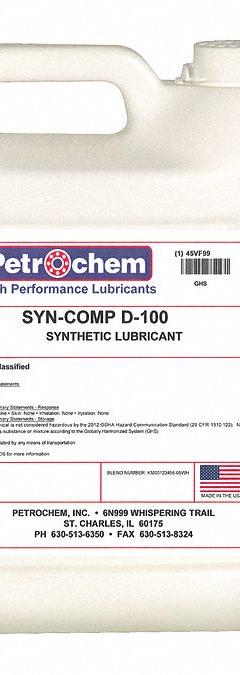 PETROCHEM Compressor Oil: 1 gal, Jug, 30 SAE Grade, 100 ISO Viscosity Grade, 94 Viscosity Index (MPN SYN-COMP D-100-001). Key specifications — attr59744: 94; attr59746: 100; attr59736: No; attr59735: Jug; attr59738: Syncomp D-100; attr59749: 30.