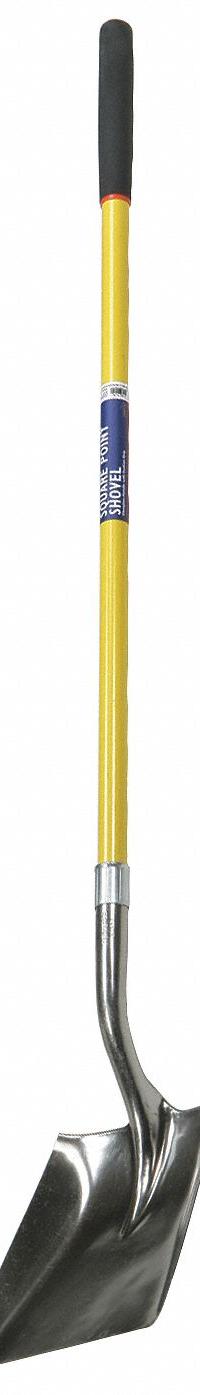 ABILITY ONE Square Point Shovel: Steel Blade, 14 ga, Straight Handle Type, Fiberglass Handle (MPN 5120-01-611-8054). Key specifications — Blade Color: Silver; Handle Color: Yellow; Blade Material: Steel.