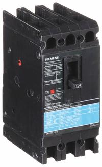 SIEMENS Molded Case Circuit Breaker: 125 A Amps, 18kA at 480V AC, Fixed, Load Side Lug, ABC, ED4 (MPN ED43B125). Key specifications — Phase Connection: ABC; Instantaneous Trip: Fixed; Terminal Connection: Load Side Lug; Series: ED4; Max. AIR Rating: 18kA at 480V AC.