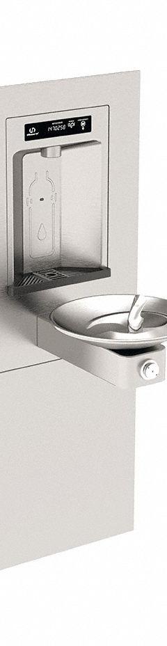 HAWS Drinking Fountain: In-Wall, Non-Refrigerated, Push Button Fountain & Touchless Bottle Filler (MPN 1001HSA). Key specifications — Brand: HAWS; Housing Material: Stainless Steel; Filter Access: Bottom Panel Access; Housing Finish: Satin; Chilling Capacity: Non-Refrigerated; Housing Color: Silver.